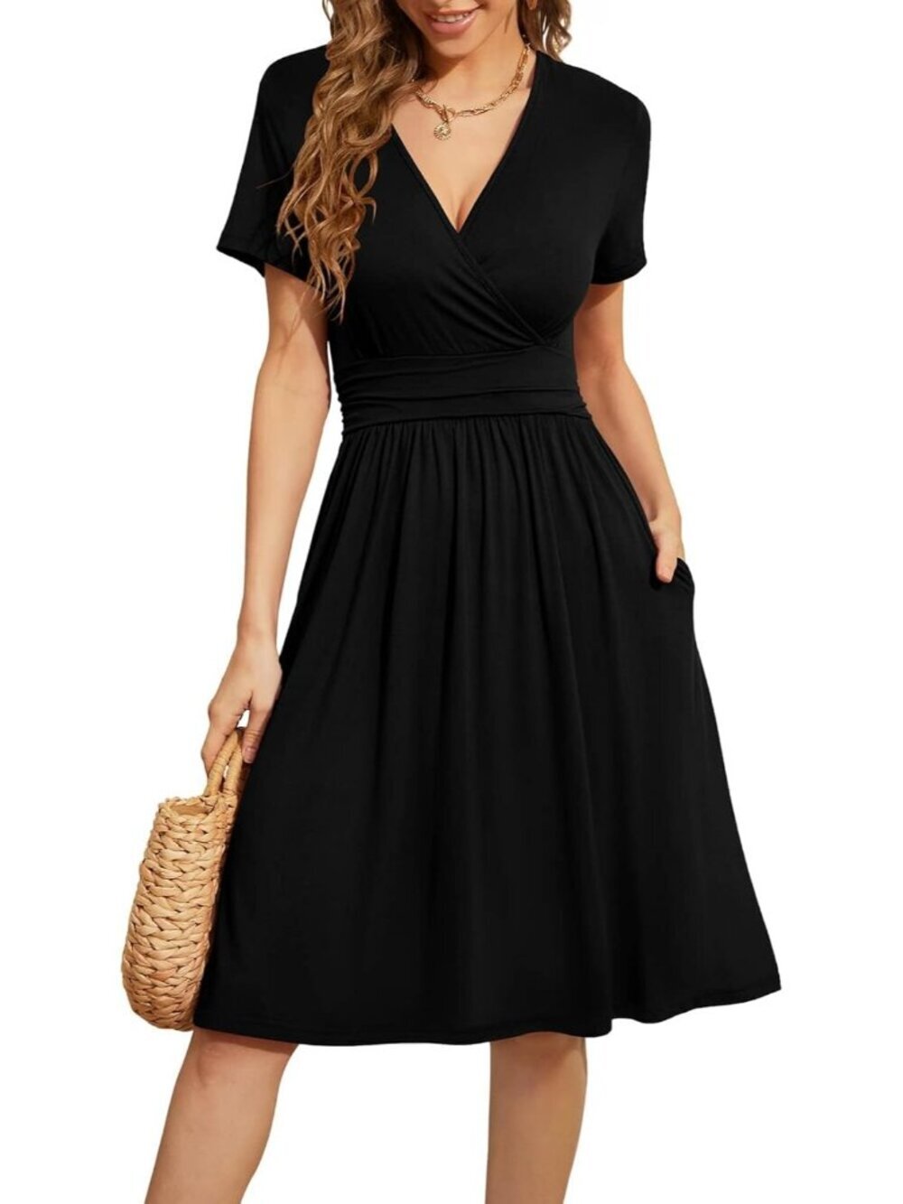 Women's Black Summer Short Sleeve Casual V-Neck Floral Party Dress with Pocket